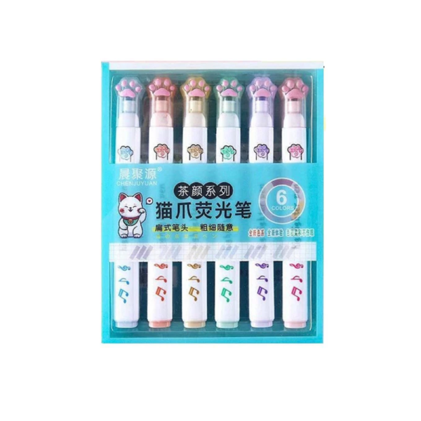 Kit Caneta Marca Texto Patinha de Gatinho 6 Cores